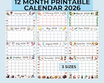 2026 Printable 12 Month Calendar, Sunday Start, Digital Calendar