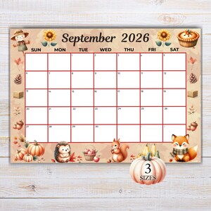 May include: A decorative calendar for September 2026, featuring a fall theme with pumpkins, a squirrel, a fox, and the text "September 2026." The calendar has a grid layout with red lines and decorative elements.