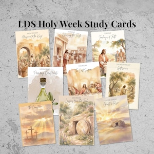 以下が含まれることがあります： LDS聖週間の学習カードのコレクション。各カードには、棕櫚の主日、最後の晩餐、復活祭の日曜日など、聖週間の出来事に関連する水彩画のイラストとテキストが掲載されています。カードはテクスチャのある表面に配置されています。