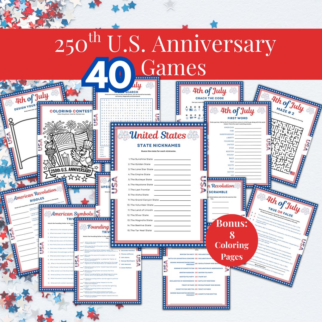 250 Years Game Bundle, July 4th Games Printable, 250th Anniversary ...