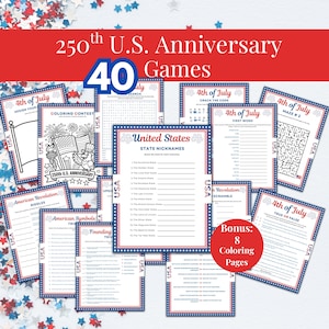 Puede incluir: Un conjunto de 40 juegos y 8 p&aacute;ginas para colorear para el 250 aniversario de EE. UU. Los juegos incluyen laberintos, trivialidades y sopas de letras, todos con tem&aacute;tica patri&oacute;tica. El texto "250th U.S. Anniversary" se muestra en rojo y blanco.