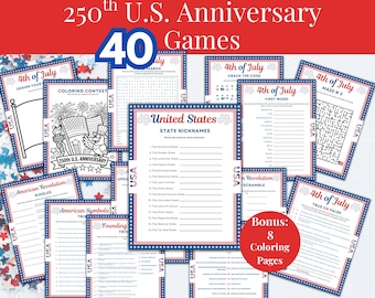 250 Years Game Bundle, July 4th Games Printable, 250th Anniversary, Fourth of July, USA 250 years