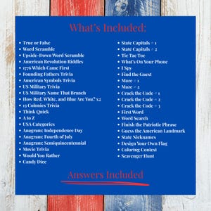 Puede incluir: Un tablero de juego azul con una lista de juegos de trivia y actividades, incluyendo juegos de palabras, laberintos y preguntas sobre la historia y los s&iacute;mbolos estadounidenses. El texto "What's Included" y "Answers Included" tambi&eacute;n es visible.