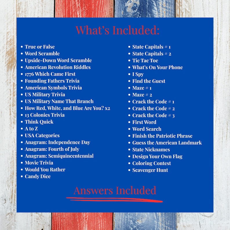 Puede incluir: Un tablero de juego azul con una lista de juegos de trivia y actividades, incluyendo juegos de palabras, laberintos y preguntas sobre la historia y los s&iacute;mbolos estadounidenses. El texto "What's Included" y "Answers Included" tambi&eacute;n es visible.