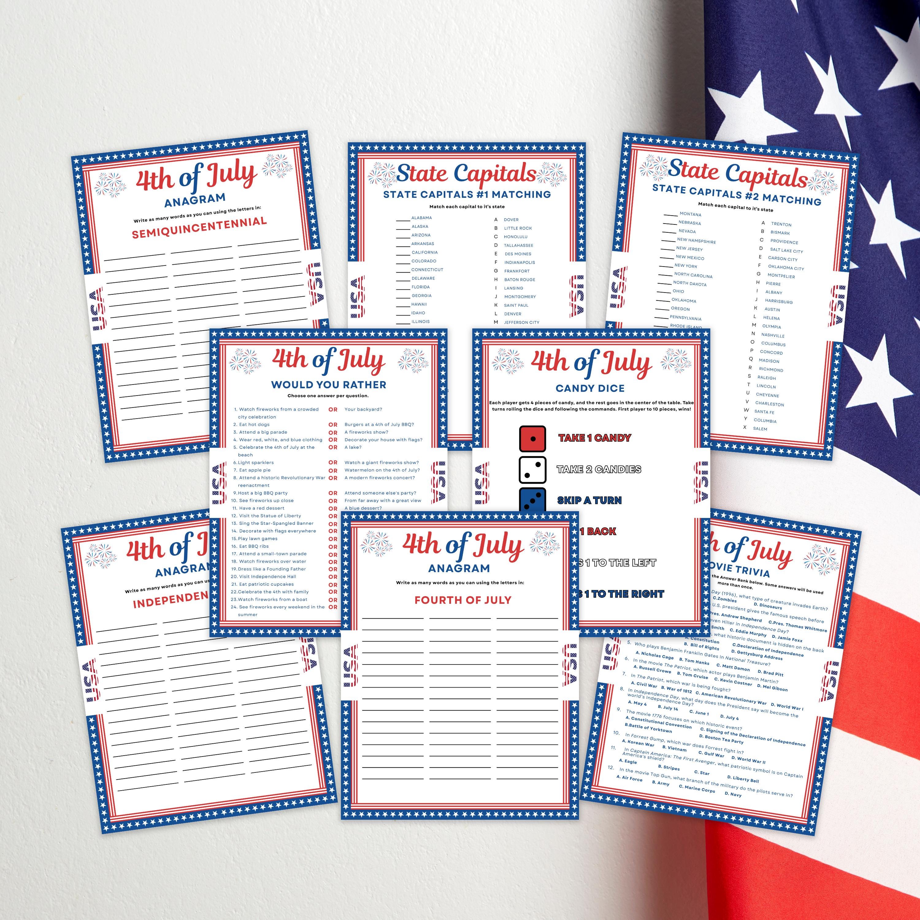 250 Years Game Bundle, July 4th Games Printable, 250th Anniversary ...