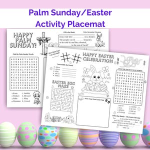 Happy Easter Activity Placemat Coloring Pages, Palm Sunday Printable Activity Placemat, Sunday School Holy Week Printable Activity Coloring