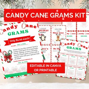 May include: A festive Candy Cane Grams Kit with a red banner that reads "Candy Cane Grams Kit." The kit includes printable cards with candy cane graphics and text. The text includes "Candy Cane Grams" and "Only $1.00 each!"