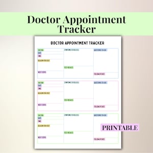 Może przedstawiać: Wydrukowany tracker wizyt u lekarza z sekcjami na datę, godzinę, objawy, pytania i wyniki badań. Dokument ma jasnozieloną i różową kolorystykę, ze słowem "PRINTABLE" w różowym prostokącie.