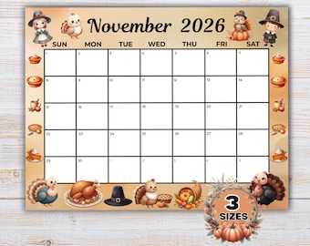 November 2026 Calendar Printable, Monthly Planner Calendar, Annotate on iPad or Tablet, Desk Calendar