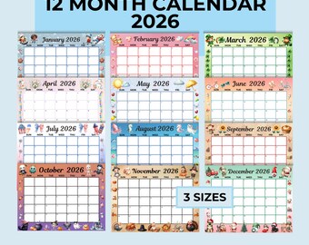 2026 Printable 12 Month Calendar, Sunday Start, Digital Calendar