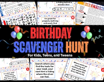 Op de afbeelding: Een kleurrijk verjaardags speurtochtspel voor kinderen en tieners. De afbeelding toont aanwijzingen, raadsels en ballonnen. De tekst bevat de woorden "Birthday Scavenger Hunt" en "For Kids, Teens, and Tweens."