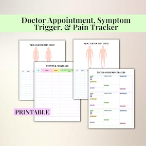 Może przedstawiać: Zestaw drukowanych arkuszy rejestrów medycznych, w tym wykres lokalizacji bólu, dziennik objawów i wyzwalaczy oraz rejestrator wizyt lekarskich. Tekst "Doctor Appointment, Symptom Trigger, & Pain Tracker" znajduje się na górze. Słowo "PRINTABLE" znajduje się na dole.