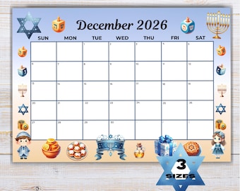 December 2026 Hanukkah Calendar Printable, Monthly Planner Calendar, Annotate on iPad or Tablet, Desk Calendar