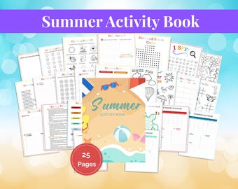 May include: A collection of printable summer activity pages, including coloring sheets, games, and a summer calendar. The cover of the "Summer Activity Book" features a beach scene with sunglasses and a beach ball. The book contains 25 pages.