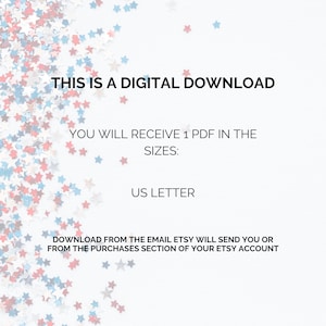 Puede incluir: Fondo blanco con confeti de estrellas rojas, blancas y azules dispersas. El texto dice: "THIS IS A DIGITAL DOWNLOAD." Tambi&eacute;n indica que el usuario recibir&aacute; un PDF en tama&ntilde;o US Letter, con instrucciones de descarga.