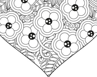 Può includere: Design a cuore floreale in bianco e nero. L'immagine presenta un'illustrazione dettagliata di fiori, foglie e motivi a spirale. I fiori hanno un design a cinque petali con un centro scuro. Il tema generale è un libro da colorare o arte decorativa.