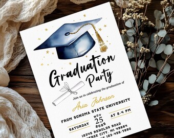 May include: A white graduation party invitation with a blue mortarboard and gold accents. The invitation includes the text "Graduation Party" and details for Aria Johnson's graduation from Sonoma State University.