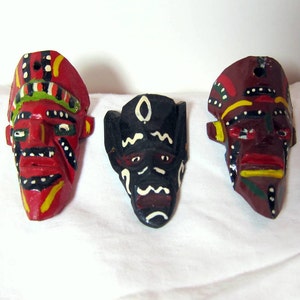 Vintage Set of Three Hand Made, Carved and Painted Wooden Miniature Masks image 1