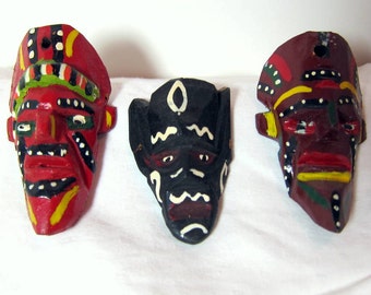 Vintage Set of Three Hand Made, Carved and Painted Wooden Miniature Masks