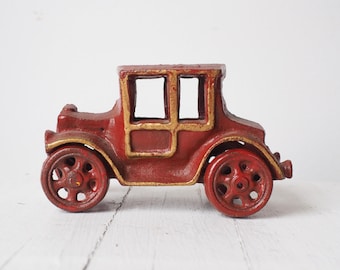 Vintage Cast Iron Touring Car, Red and Gold Toy Truck Collectible