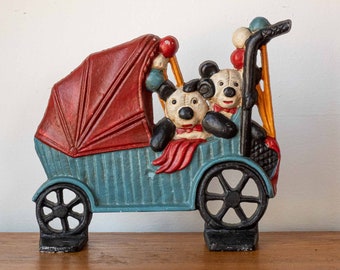 Vintage Cast Iron Doorstop, Antique Metal Baby Carriage with Panda Bears and Balloons, Colorful Hand painted Farmhouse Decor