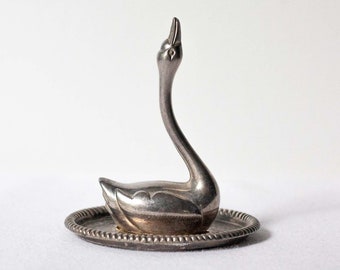 Vintage Swan Ring Holder, Antique Silver Swan on Decorated Tray Base, Paperweight Collectible for Swan and Bird Collectors
