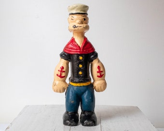 Popeye the Sailor Man Coin Bank Vintage Cast Iron Collectible Figurine, Antique Comic Strip Cartoon Character with Red Anchor Tattoos