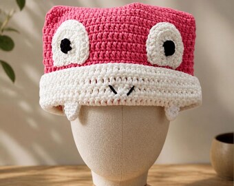 Slowpoke Cat Beanie - Handmade Crochet Hat - Cosplay Fashion - Lazy Pink Sloth Beanie - Anime Game Lover - Emji Handcraft
