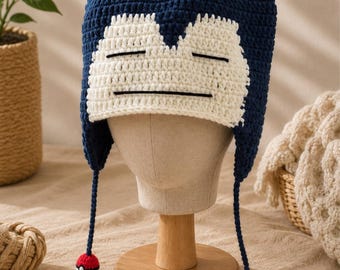Handmade Crochet Sleepy Snorlax Cat Beanie – Anime Cosplay Hat with Tassels - Cosplay Fashion - Anime Gamer Lover - Emji Handcraft
