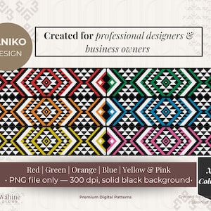 Op de afbeelding: Digitaal patroonontwerp met zes kleuropties: rood, groen, oranje, blauw, geel en roze. Elk patroon heeft een geometrisch ontwerp met zwarte en witte accenten. De tekst luidt "TANIKO DESIGN" en "Created for professional designers & business owners."