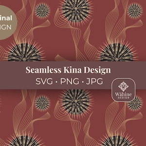 May include: Seamless Kina Design in SVG, PNG, and JPG formats. The design features a repeating pattern of black and gold starburst shapes and flowing lines on a burgundy background. The words "Original Design" are also visible.