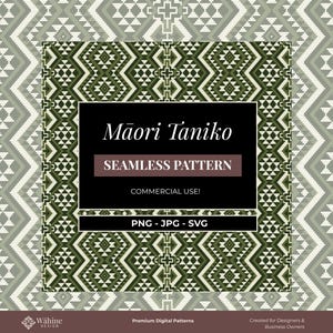 Puede incluir: Un gráfico digital que presenta un patrón continuo Māori Taniko en tonos verde oscuro, blanco y negro. El recuadro rectangular negro central muestra el texto Māori Taniko, SEAMLESS PATTERN, COMMERCIAL USE! y PNG - JPG - SVG.