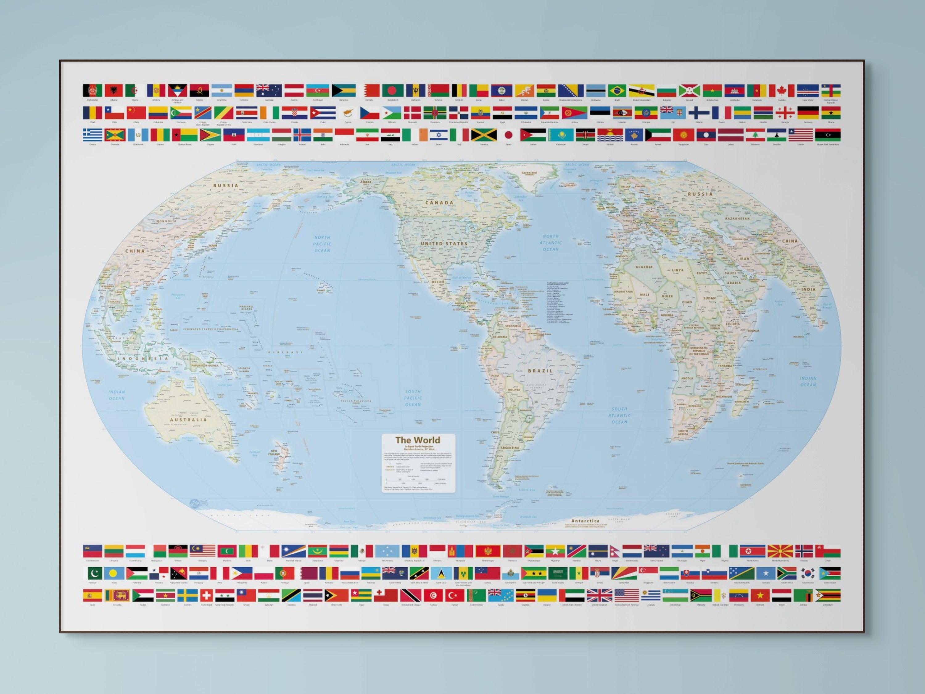Political World Map, Meridian 90 Degrees West America, Equal-earth