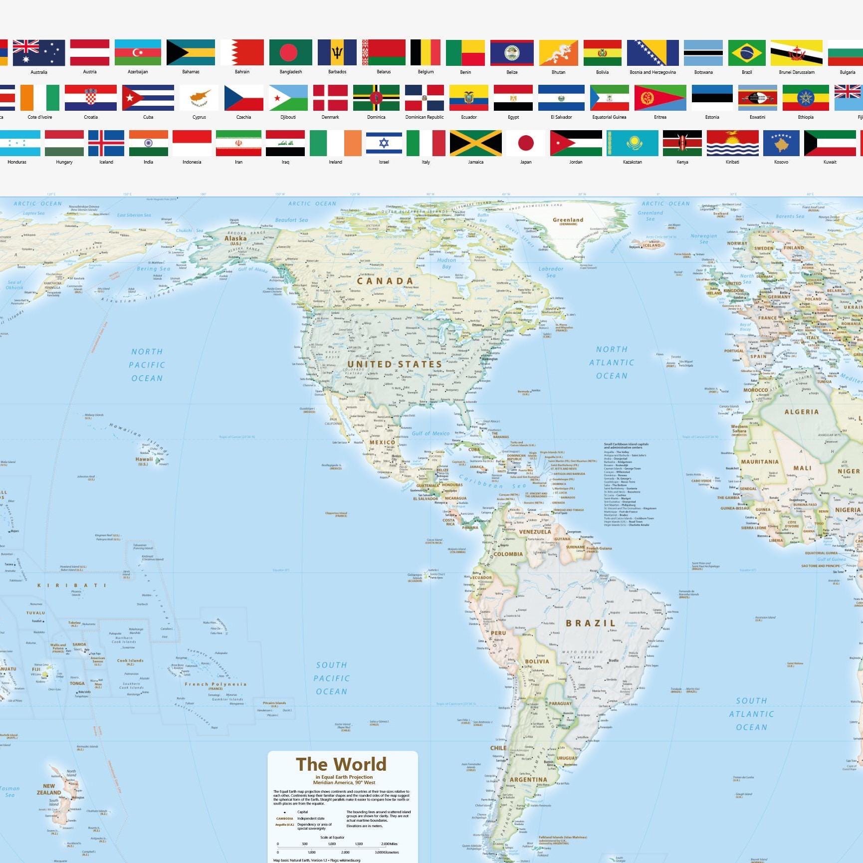 World Map, Meridian 90 Degrees West America, Equal-earth Projection ...
