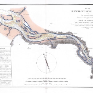 Könnte beinhalten: Eine alte Seekarte mit dem Titel "Plan de l'Embouchure de l'Elbe", die die Elbmündung zeigt. Die Karte zeigt detaillierte Illustrationen des Flussverlaufs, mit französischem Text, einer Windrose und Maßstabsangaben.