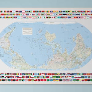 Politisk världskarta, upp och ner, meridian 150 grader öst, Australien, CorrectTheMap, Equal-Earth-projektion, värld, karta