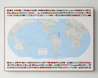 May include: A rectangular wall map featuring a light blue ocean and multicolored landmasses. The map is bordered at the top and bottom by rows of various national flags. The central area displays continents, countries, and oceans with text labels.