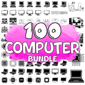 以下が含まれることがあります： 白黒のコンピューターをテーマにしたイラスト。ラップトップ、デスクトップ、CPUチップなど、さまざまなコンピューターのデザインが特徴です。「100 COMPUTER BUNDLE」というテキストがピンク色の背景に表示されています。