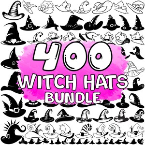 May include: A collection of 400 witch hats in various styles, displayed in black and white. The text "400 Witch Hats Bundle" is featured on a pink background, showcasing a variety of designs, from classic pointed hats to more whimsical styles.