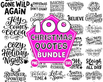 Paquete de 100 archivos SVG y PNG navideños, frases divertidas de Navidad para Cricut, archivos de corte con citas navideñas, descarga digital.