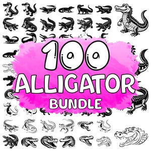 May include: A black and white illustration of 100 different alligator designs. The illustrations are in various poses and styles, including cartoon, realistic, and stylized. The text "100 Alligator Bundle" is written in white on a pink watercolor background.
