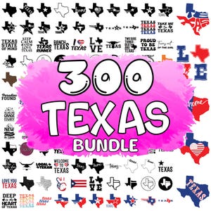 Pode incluir: Uma coleção de gráficos e elementos de texto com o tema do Texas, incluindo o contorno do estado, estrelas e frases como "Texas State of Mind" e "Love Texas". A imagem apresenta um grande respingo rosa com o texto "300 TEXAS BUNDLE."