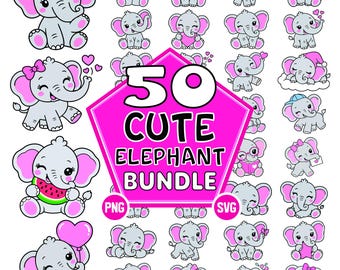 Cute Elephant PNG SVG Bundle, Baby Elephant Clipart, Kawaii Elephant Designs, Cricut Cut Files, Digital Download