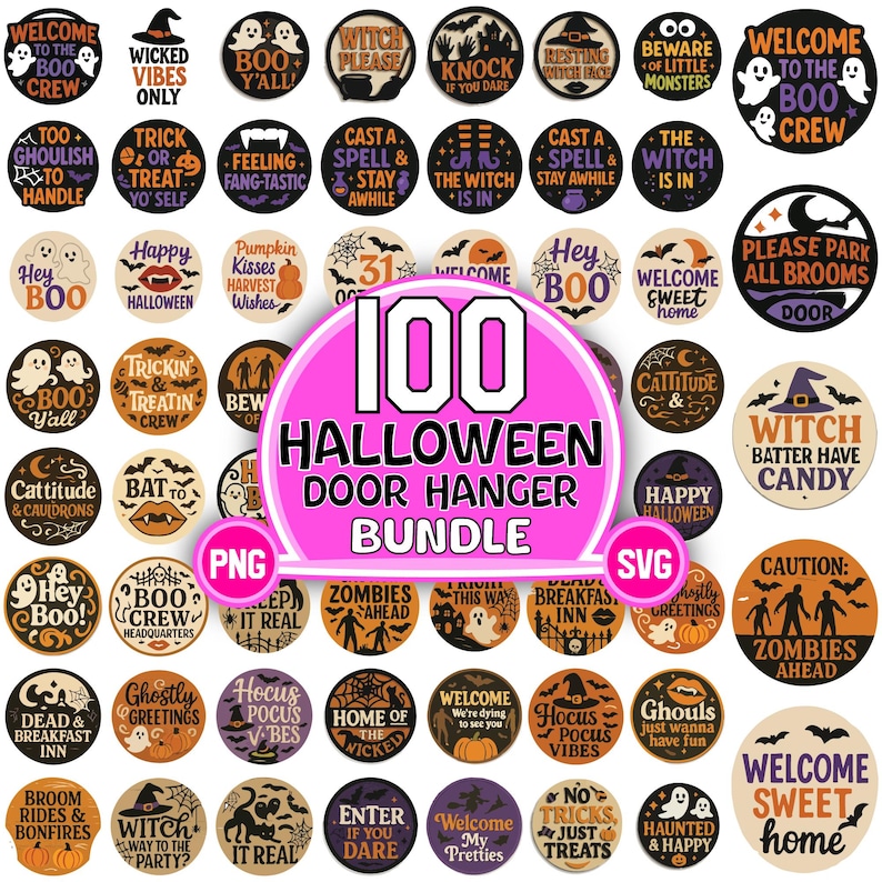 Halloween Door Hanger SVG Bundle: Spooky Welcome Sign, Laser Cut Files ...