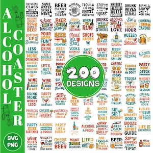 Op de afbeelding: Een verzameling van 200 alcohol-thema ontwerpen, waaronder zinnen als "Drink More Worry Less" en "Whiskey & Sunshine". De afbeelding bevat verschillende lettertypen en illustraties, perfect voor onderzetters en andere knutselwerken.