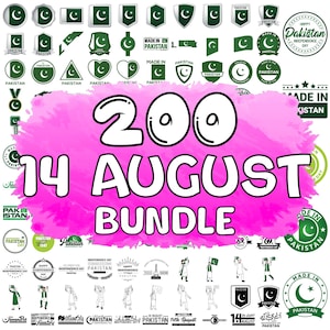 Pode incluir: Uma coleção de 200 elementos de design digital com a bandeira do Paquistão e o texto "14 August Bundle". Os designs incluem várias formas, tamanhos e estilos da bandeira, bem como designs baseados em texto com as palavras "Paquistão" e "Made in Pakistan".