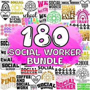 Pode incluir: Um fundo rosa com o número 180 em branco com contorno preto. O texto "Social Worker Bundle" está em branco com contorno preto. A imagem contém uma variedade de designs coloridos com as palavras "Social Worker" em diferentes fontes e estilos.