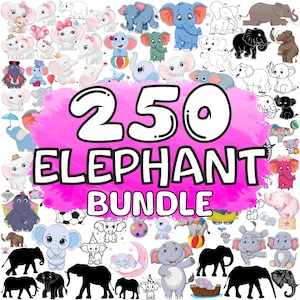 Może przedstawiać: Cyfrowy pakiet 250 ilustracji słoni w różnych stylach i kolorach. Tekst "250 ELEPHANT BUNDLE" jest wyświetlany na różowym tle, otoczony przez słonie z kreskówek.