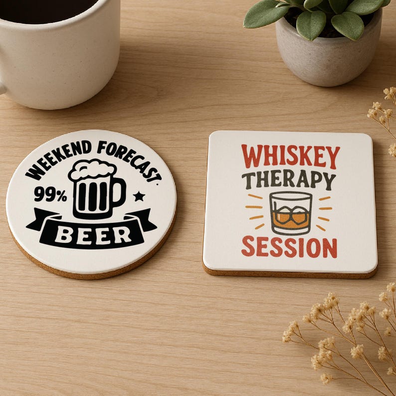 May include: Two drink coasters with cork backing. One is round with "Weekend Forecast 99% Beer" text and a beer mug graphic. The other is square with "Whiskey Therapy Session" text and a whiskey glass graphic.