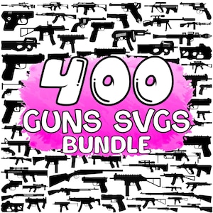 May include: A pink background with a white outline and the text "400 GUNS SVGs BUNDLE" in black. The background is surrounded by black silhouettes of various guns.